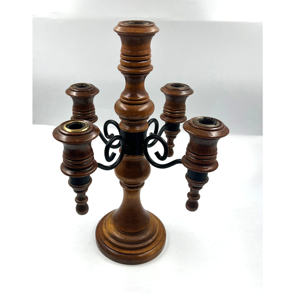 Vintage Candelabra Wooden Curved Metal 4 Arms Stick Candle Holder Decor - Picture 7 of 11